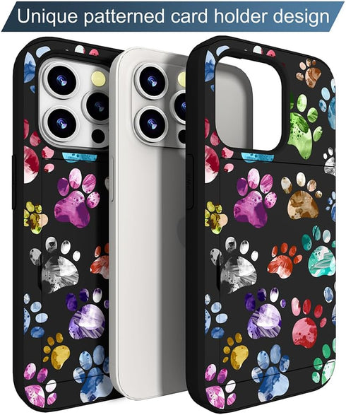 Compatible with iPhone 14 Promax Case Cute with Card Holder Slim Phone 14 Pro Max Wallet Cases for Women/Colorful Doodle Paws Dog Craws Footprints...