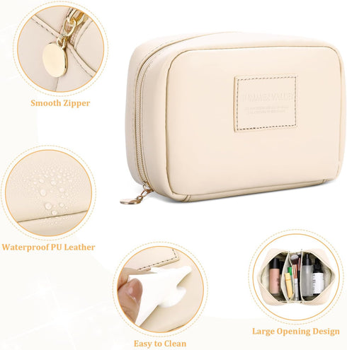 2 Pack Small Travel Makeup Bag for Women, PU Leather Travel Cosmetic Bag Waterproof Open Flat Makeup Bag with Small Makeup Purse Coin Pouch...