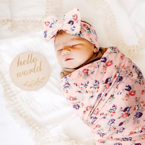 BQUBO Baby Girl Newborn Receiving Blanket with Bow Hat Headband Wooden Birth Announcement Card Set Baby Floral Print Nursery Swaddle Wrap...