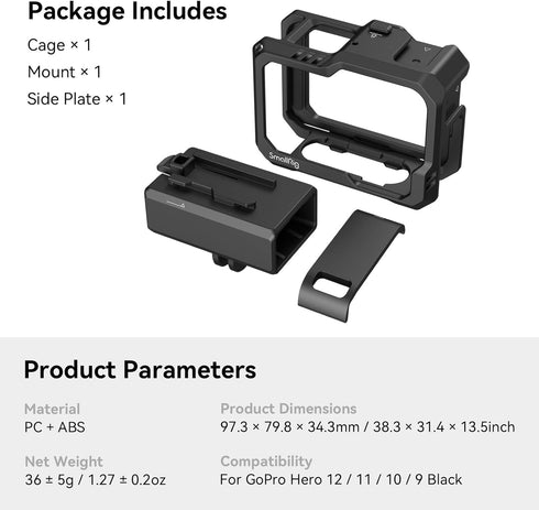 SmallRig Hero12 / Hero11 / Hero 10 / Hero 9 Black Cage for GoPro, with 2 Cold Shoe Mount for GoPro Light Mod and Common Microphone, Led Video Ligh...
