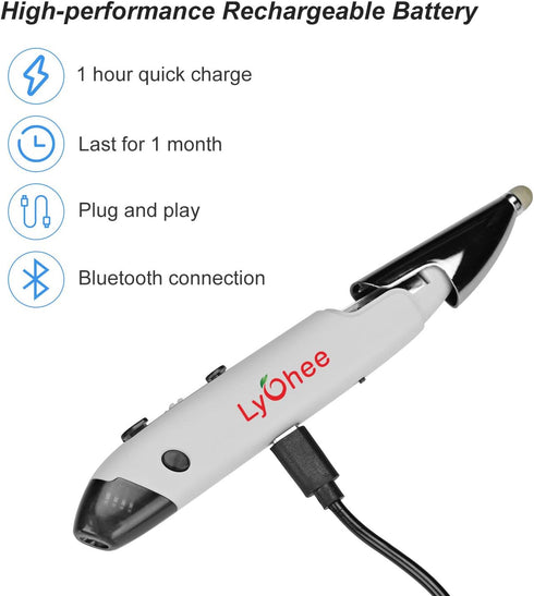 lychee Pocket Pen Mouse Rechargeable, Left/Right-Handed Optical Ergonomic Mouse with Bluetooth and Stylus Function (Grey)......
