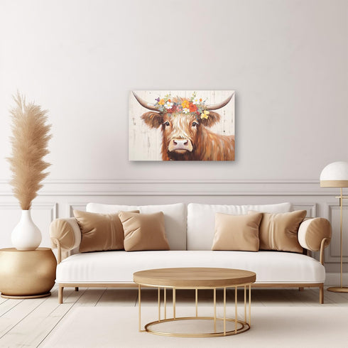 CXHOSTENT Highland Cow Canvas Wall Art Animal Painting Wall Decor Rustic Cattle and Flower Picture Print Farmhouse Kitchen Decor Frame (Highland C...