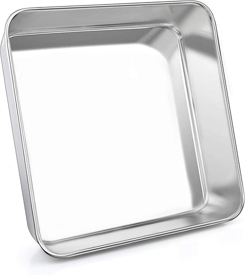 P&P CHEF Square Baking Cake Pans, Small Stainless Steel Lasagna Brownie Pan For Birthday Cake Bread Pie, Non-toxic & Durable, Smooth Rim & Leakpro...