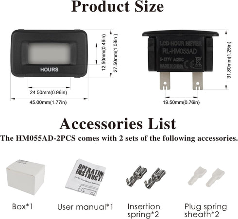 Jayron HM055AD(AC/DC 5V to 277V) Digital LCD Hour Meter Accumulate Data for Garden Lawn Mower ZTR Tractor Generator Golf cart Club Car Wash Boat A...