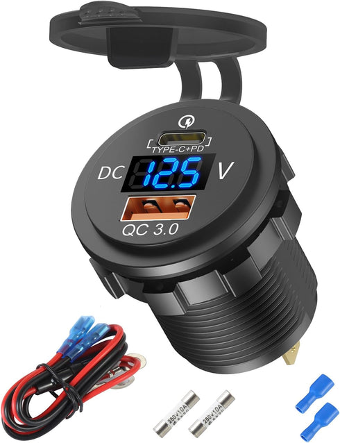 48W 12V USB Outlet USB C Car Socket, PD 30W and QC 18W Car USB Ports Waterproof Cigarette Lighter Replacement Car Charger Power Outlet with LED Di...