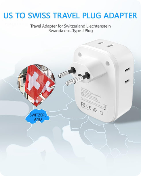 LENCENT Switzerland Travel Plug Adapter, Swiss Power Adaptor with 4 American Outlets, 4 USB Charger(2 USB C), Type J Plug Converter for US to Swit...