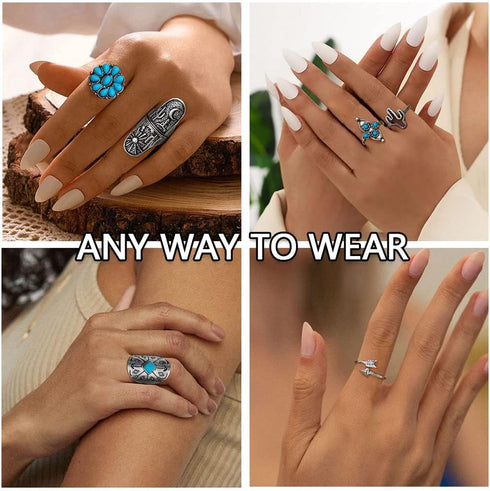 ELABEST Boho Western Ring Set Turquoise Cactus Arrow Joint Knuckle Finger Rings Sets for Women...
