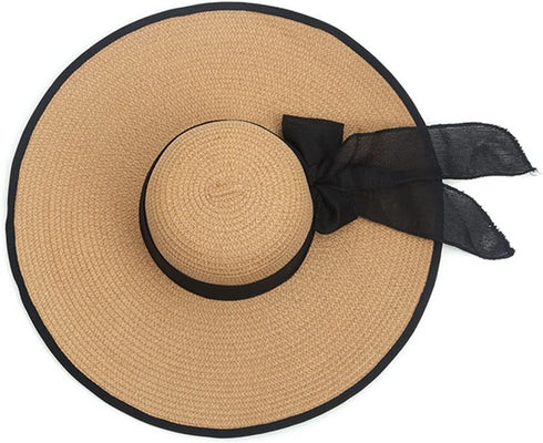 Women Girls Large Brimmed Garden Beach Sun Hat Big Summer Sun Hat Swimming Garden Beach Straw Hat Cap with Black Ribbons UPF 50+ for Traveling (Kh...
