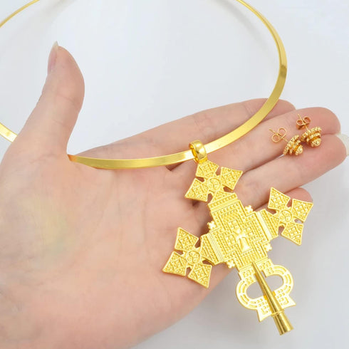 Ethiopian Cross Jewelry for Women - Ethiopian Jewelry for Women Set - Big Size Pendant Chokers Collar and 1Cm Small Earrings Etiopian Jewelry Sets...