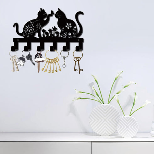 CREATCABIN Cat Metal Key Holder for Wall Mounted Key Hooks Iron Key Hanger Holder with 6 Hooks Metal Key Hanging Organizer Black Rack Wall Decor f...