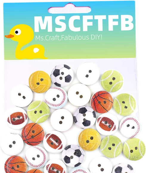 100 Pieces 3/4inch Ball Sports Painting Round Wood Buttons Football Baseball Soccer Volleyball Tennis 2 Holes Sewing Wooden Flatback Buttons for K...