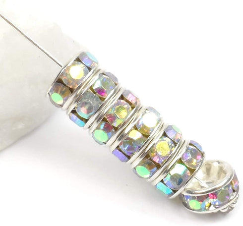 Allb 100Pcs Rondelle Spacer Beads 10mm Silver Plated Czech Crystal Rhinestone for Jewelry Making Loose Beads for Bracelets...