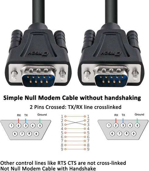 DTech 10ft DB9 to DB9 RS232 Serial Cable Male to Male Simple Null Modem Cord Cross TX RX line 2 Pin Crossed Without Handshake for Computer Data Co...