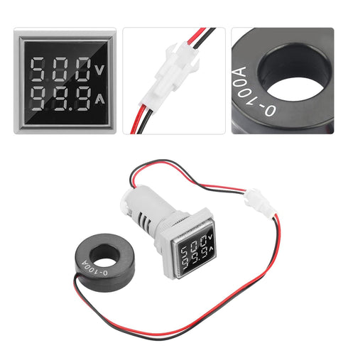 AC Current and Voltage Indicator, 22mm AC Voltage Current Display Meter, 0-100A 60-500V LED Display Voltmeter AC Ammeter Voltmeter Square Head Vol...