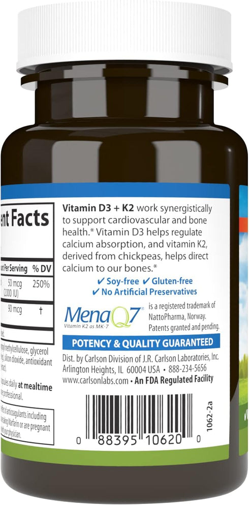 Carlson - Vitamin D3 + K2, 50 mcg (2000 IU) Vitamin D3 & 90 mcg Vitamin K2 as MK7, Bone Support, Calcium Absorption, 120 Capsules...