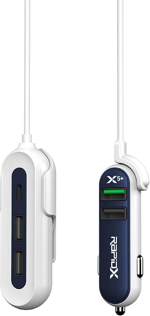 RapidX X5 Plus Car Charger 5 USB Ports QC 3.0/Type C Navy...