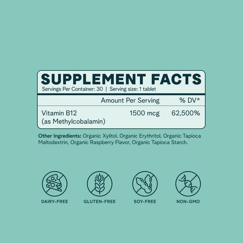 Ora Organic Vitamin B12 1500mcg - plant-based methylcobalamin for adults - Natural stimulant-free energy, Raspberry flavor chewable tablets, no ad...