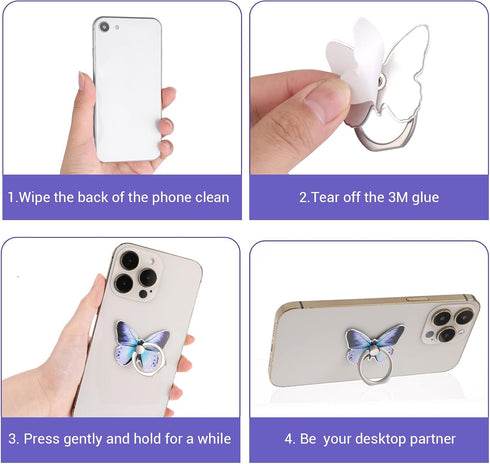 3 PCS Cell Phone Ring Stand Holder, Cute Butterfly Painted Pattern Metal Finger Kickstand 360 Degrees Rotation Ring Holder Grip with Knob Loop Com...