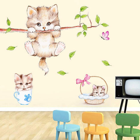 Kiddale Cute Cat Wall Decals,Removable Cat Tree Branches Butterfly Wall Stickers for Kids Rooms Nursery Playroom Home Decoration...