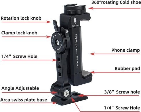 Metal Phone Tripod Mount w Rotatable Cold Shoe for Micphone Easy Use,Compatible with iPhone Tripod Adapter, Cell Phone Mount Holder,Hot Video Crea...