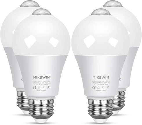MikeWin Motion Sensor Light Bulbs Outdoor 4 Packs 13W(100W Equivalent) Security LED Bulb, Indoor E26, A19, 5000K Daylight Dusk to Dawn Bulb for Ga...