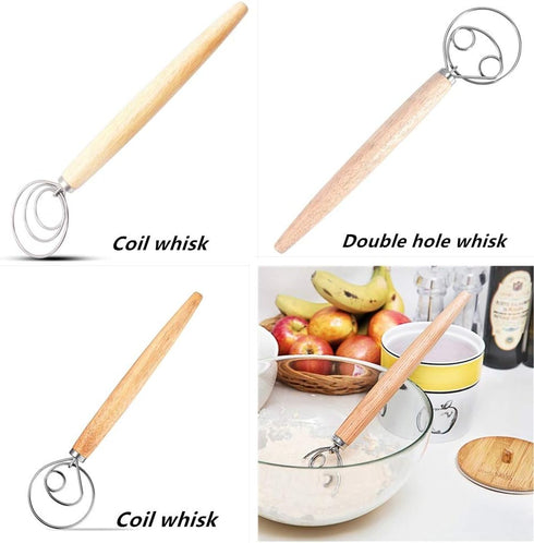Danish Dough Whisk Sourdough Bread Dough Mixer 3 Pack Stainless Steel Dough Hook Dutch Whisk Hand Wooden Handle Kitchen Whisking Mixing Tool Bread...