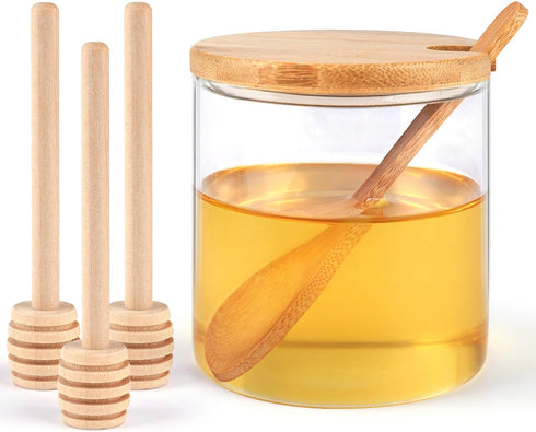 Honey Pot with Honey Sticks, Glass Honey Dispenser, One Honey Dipper and Three Honey Sticks Set 10 Oz, Honey Dispenser no Drip Glass, Honey jar, H...