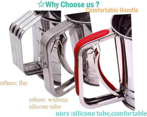 3-Cup Stainless Steel Flour Sifter,Squeeze Sifter for Baking with Compatable Silicone Handle (Red)...