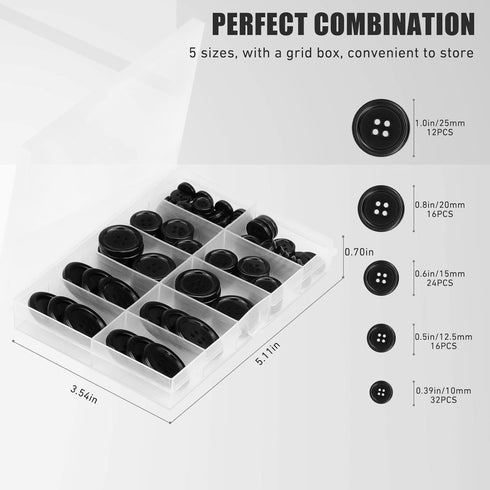 100 Pcs Black Resin Sewing Buttons, 4-Hole Craft Suit Coat Shirt Buttons, 5 Sizes, Round Mixed, with Compartment Storage Box, Suitable for Sewing,...