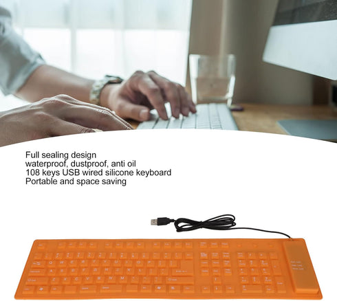 ASHATA Foldable Silicone Keyboard USB Wired Keyboard Mute Waterproof Rollup Keyboard for PC Laptop Notebook, 2 Color, 108 Keys(Orange)...