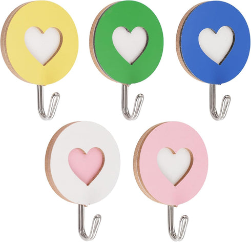 Wooden Double Heart-Shaped Self-Adhesive Hooks, 5pcs Key Holder Coat Hook Strong Adhesive Hooks for Home Office Hotel Wall Decoration...