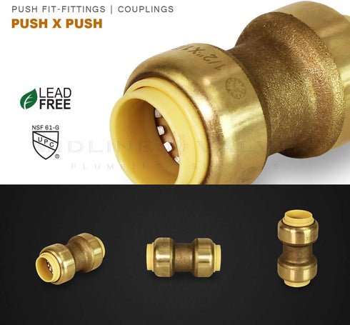 Everflow Supplies Pushlock UPSC12 1/2 Inch Long Push X Push Coupling for Push-Fit Fittings, Made with No Lead DZR Forged Brass, Connects PEX, CPVC...