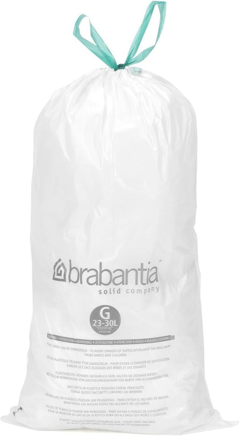 Brabantia PerfectFit Trash Bags (Size G / 6-8 Gallon) Thick Plastic Trash Can Liners with Tie Tape Drawstring Handles (20 Bags)...