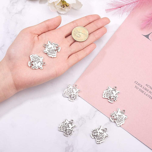 PH PandaHall 30pcs Tiger Head Pendants Animal Tiger Charms Pendant Antique Silver Alloy Tigers Charm Beads Dangle Charms for Necklace Bracelet Jew...