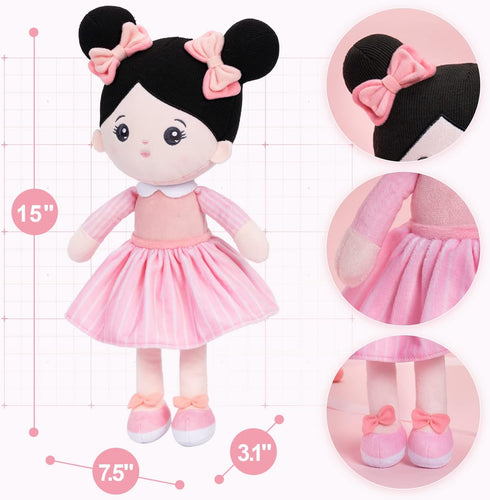 OUOZZZ Soft Baby Doll for Girls - My First Baby Doll Birthday Gifts for Girls Plush Rag Dolls Asian Doll Black Hair Pink Dress Toy for Toddlers Ki...
