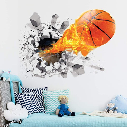 Supzone 3D Basketball Wall Sticker - Self-Adhesive Breakthrough Fireball Decor, Vinyl Removable Flying Basketball Art for Kids Bedroom Playroom Mu...