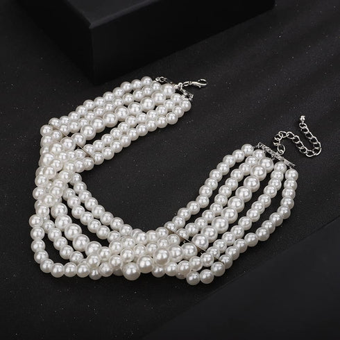 5 Layers Strand Round Imitation Pearl Choker Necklace Vintage Multi Strands Necklace Collar Choker Pearl Statement Bridal Choker Necklace for Wedd...