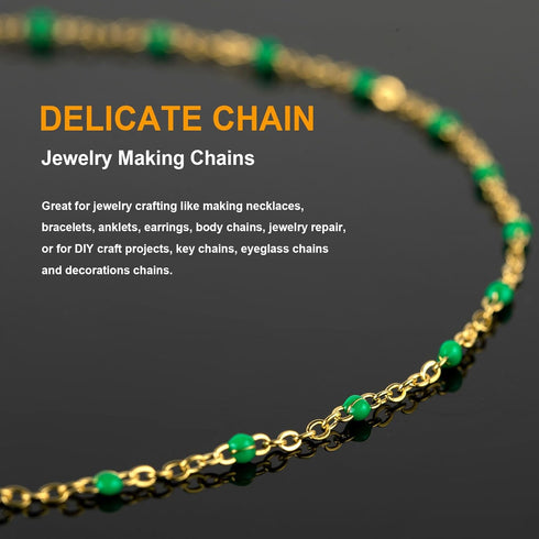 KYUNHOO 16.4 Feet Gold Plated Jewelry Chain Roll Stainless Steel Cable Chain Links Green Bead Rosary Chains with Jewelry Findings for Necklace Bra...