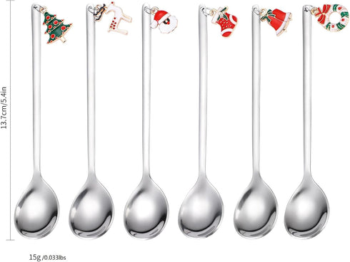 Dessert Spoons Silverware Christmas Silver Small Stainless Steel Flatware 6 Pieces Xmas Decorative Pendants Stirring Utensils for Coffee Tea Drink...