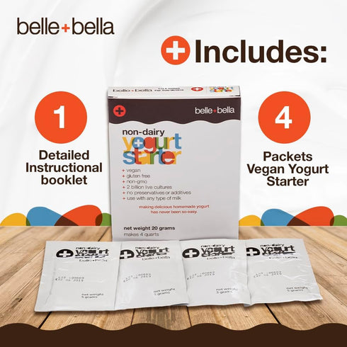 Belle + Bella Non-Dairy Vegan Yogurt Starter - Gluten Free, No Added Sugar, Non GMO - Makes 12 Quarts Vegan Yogurt - 2 Billion Live Cultures - Mix...