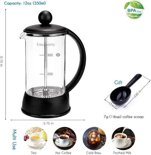 Easyworkz Eclipse French Press 12 oz Coffee Tea Maker with Borosilicate Glass...
