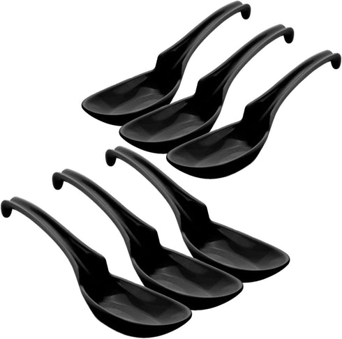 Happy Sales HSSP-MBKHK6, Melamine Soba, Rice Spoons, Chinese Asian Soup Spoons, 6 pc Notch & Hook Style, Black...