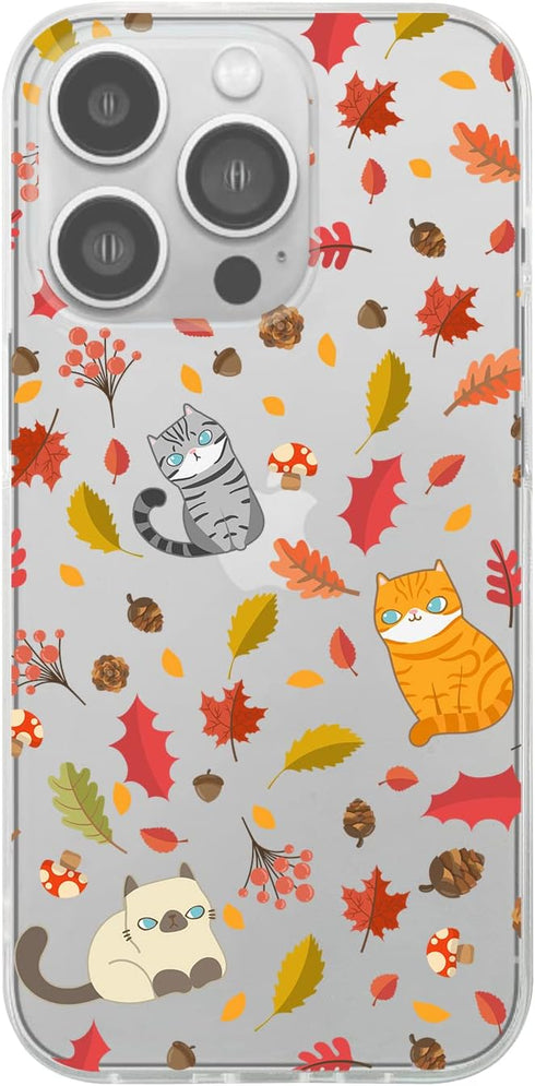 Compatible for iPhone 13 Pro Max Case (6.7 inch), Cute Cat Design with Autumn Leaves Pattern Fall Animal Style Transparent Soft TPU Protective Cle...