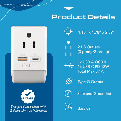 Ceptics UK Ireland Hong Kong Plug Adapter, International Power Plug with USB & USB-C - 2 USA Socket, QC 3.0 & PD - Type G Outlet Adapter for USA t...