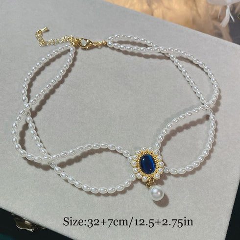 fxmimior Boho 2 Tier Pearl Blue Rhinestones Gold Shiny Choker Necklaces Dainty Rhinestones Pearls Chunky Short 1920s Choker Necklace Chain Multila...