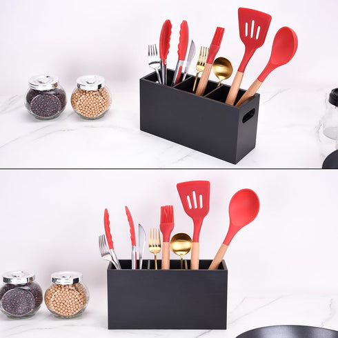 WuGeShop Heightened Kitchen Utensil Holder, Wooden Silverware Caddy, Cutlery Organizer with 3 Compartments, Great Cutlery Holder - Ideal for Kitch...