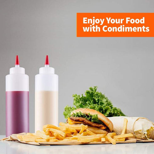 16oz Squeeze Bottles with Red Cap-Pack of 2 Wide Mouth, Leak Proof Refillable Condiment Container for Kitchen Use...