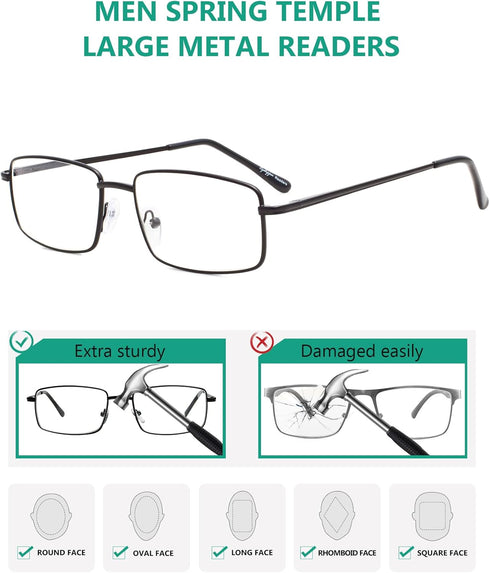 Eyekepper 3-pack Readers Rectangular Spring Temple Large Metal Reading Glasses Men Black +2.0...
