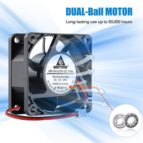 GDSTIME 60mm x 25mm 12V DC Waterproof IP67 Fan High Speed Dual Ball Bearing Small Brushless Cooling Fan for Solar Battery Box Server Ventilation...