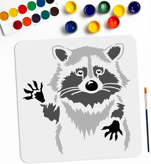 Raccoon Stencil 11.8×11.8inch Reusable Raccoon Animal Painting Stencils with Paint Brush for DIY Crafts Home Decor Wood Fabric Wall Glass Furnitur...